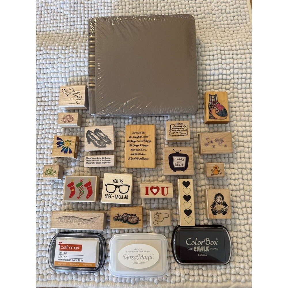 New Scrapbook & 20 Rubber Stamps 3 Ink Pads Card Making Scrapbooking Crafts
